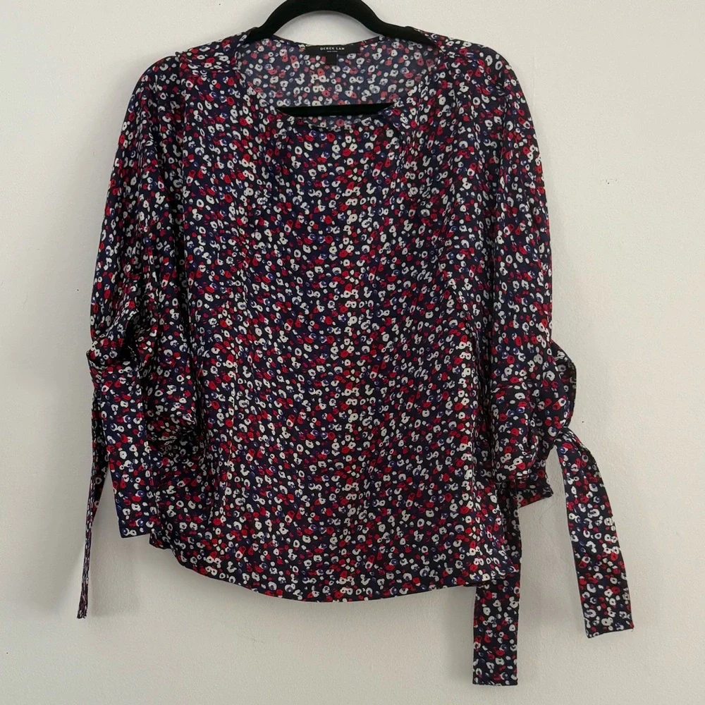 DEREK LAM Navy Blue Poppy Print Silk Jacquard Blouse - Size 4 - Picture 4 of 8